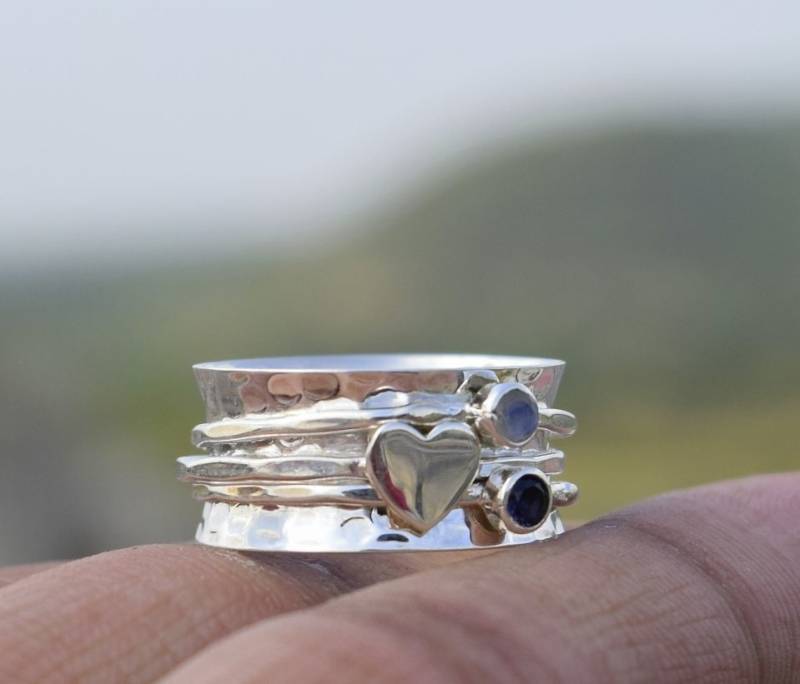 Mondstein Amethyst Sterling Silber Drehring Herz Fidget, Angst, Sorgen Ring Mondstein Amethyst Sterling Silber Drehring Herz Fidget, Angst, Sorgen Ring von SoSilverUK