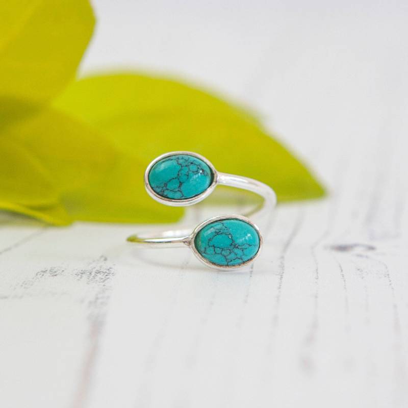 Offener Verstellbarer Sterling Silber Ring Mit Zwei Türkisen - Handgemachter Offener Verstellbarer Sterling Silber Ring Mit Zwei Türkisen - Handgemachter von SoSilverUK