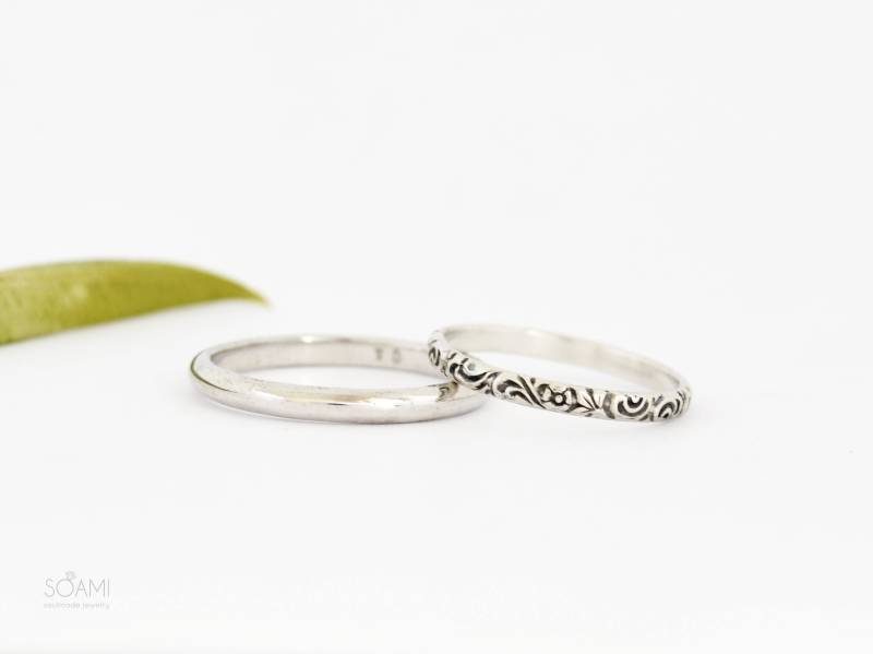 sterling Silber Eheringe Blumiger Brautring, Rhodium-Bräutigamring von Silver8Heart