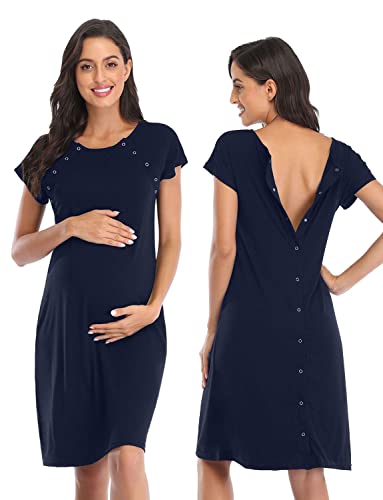 Soanhoo Damen Umstands-Nachthemd 3-in-1 Lieferung Arbeit Stillnachthemd Krankenhauskleid Nachtwäsche zum Stillen, Marineblau, Large von Soanhoo