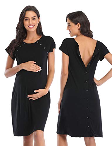 Soanhoo Damen Umstands-Nachthemd 3-in-1 Lieferung Arbeit Stillnachthemd Krankenhauskleid Nachtwäsche zum Stillen, Schwarz, X-Large von Soanhoo