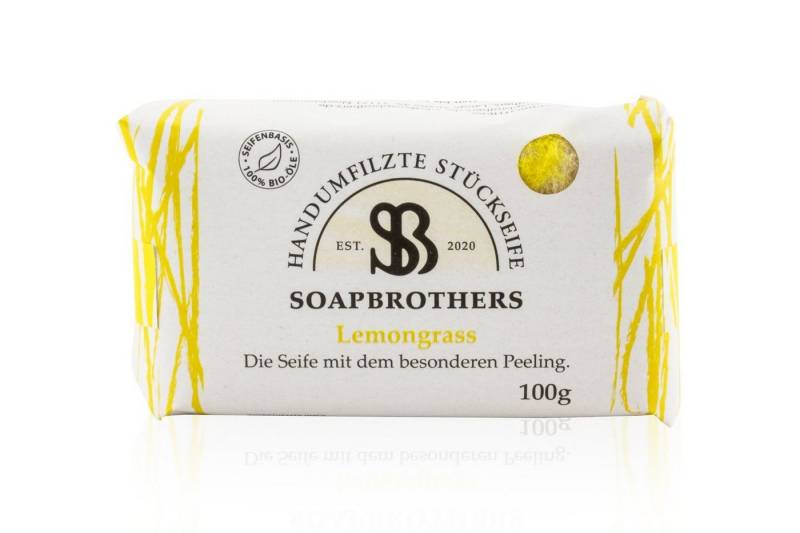 Soapbrothers Handseife Geschenkidee - Naturkosmetik Bio Seife mit Filzmantel - Bis zu 4-mal ergiebiger als herkömmliche Stückseifen in nachhaltiger Verpackung - Lemongrass 100g, 1-tlg., Naturkosmetik von Soapbrothers
