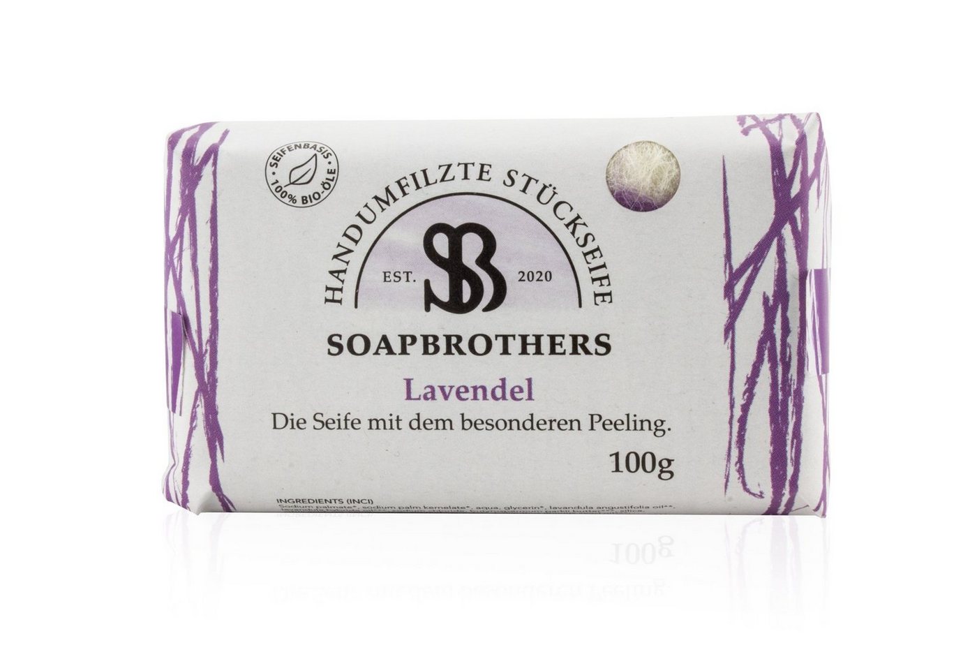 Soapbrothers Handseife Naturkosmetik Bio Seife mit Filzmantel - Bis zu 4-mal ergiebiger als herkömmliche Stückseifen in nachhaltiger Verpackung - Lavendel 100g. 1tlg, 1-tlg., Filzseife, Naturkosmetik von Soapbrothers
