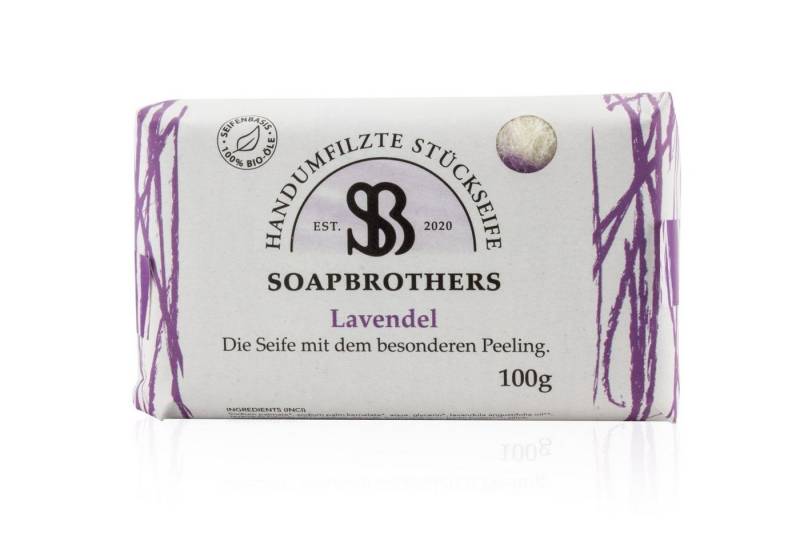 Soapbrothers Handseife Naturkosmetik Bio Seife mit Filzmantel - Bis zu 4-mal ergiebiger als herkömmliche Stückseifen in nachhaltiger Verpackung - Lavendel 100g. 1tlg, 1-tlg., Filzseife, Naturkosmetik von Soapbrothers