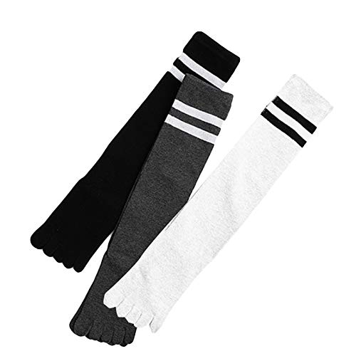 Soapow 3 Paar Damensocken mit fünf Fingern, Baumwolle, atmungsaktiv, gestreift, kniehohe Socken, Schwarz, Weiß, Dunkelgrau, M von Soapow