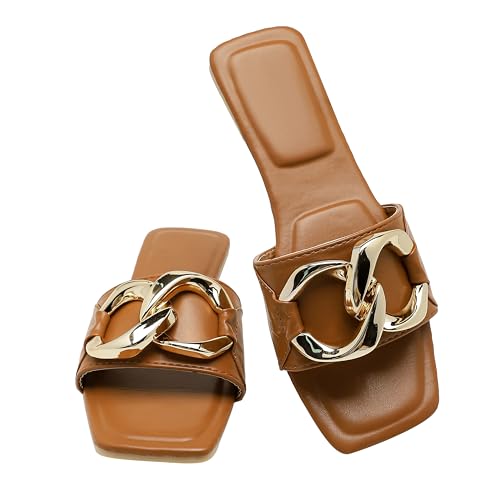 Sobymy Flache Damen-Sandalen, modisch, quadratisch, offener Zehenbereich, große Metallkette, Hausschuhe, elegant für den Sommer, Größe 39-45, Kaffee, 38.5 EU Weit Sobymy Flache Damen-Sandalen, modisch, quadratisch, offener Zehenbereich, große Metallkette, Hausschuhe, elegant für den Sommer, Größe 39-45, Kaffee, 38.5 EU Weit von Sobymy