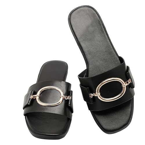 Sobymy Flache Damen-Sandalen, modisch, quadratisch, offener Zehenbereich, mit Metallkette, Hausschuhe, elegant für den Sommer, Größe 39-47, Schwarz, 41 EU Weit Sobymy Flache Damen-Sandalen, modisch, quadratisch, offener Zehenbereich, mit Metallkette, Hausschuhe, elegant für den Sommer, Größe 39-47, Schwarz, 41 EU Weit von Sobymy