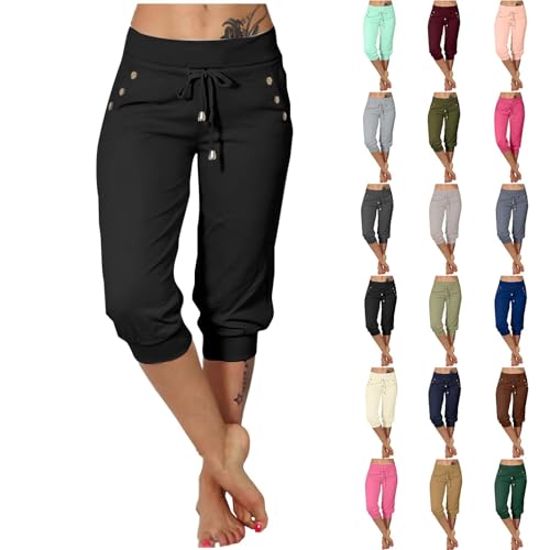 3/4 Hose Damen,3/4 Hose Damen Caprihose Sommer Elegant Outdoor Sporthose Laufhose Leicht Dreiviertel Sommerhose Jogginghose mit Taschen Bequem Capri Hose Yoga Hose (Schwarz,XXL) von Sobzia