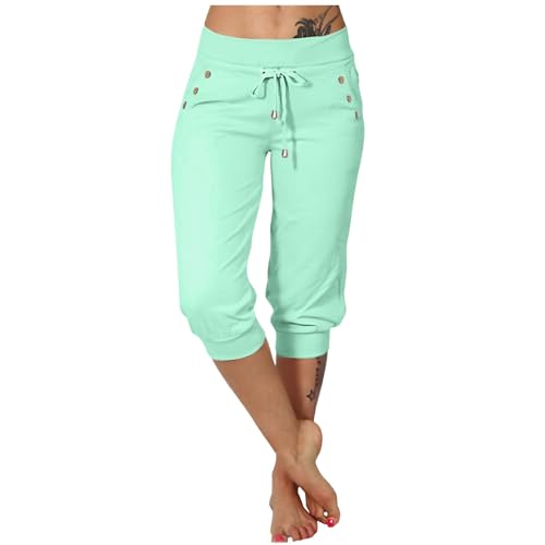 3/4 Hose Damen Caprihose Sommer Elegant Outdoor Sporthose Laufhose Leicht Dreiviertel Sommerhose Jogginghose mit Taschen Bequem Capri Hose Yoga Hose (Grün,3XL) von Sobzia