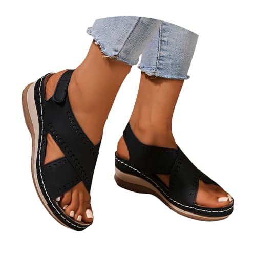 Orthopädische Sandalen Damen Sommer Leichte Weiche Sandaletten Sommerschuhe Plateau Breite Füße Hausschuhe Wandersandalen Bequem Rutschfeste Schuhe (Schwarz,42) von Sobzia
