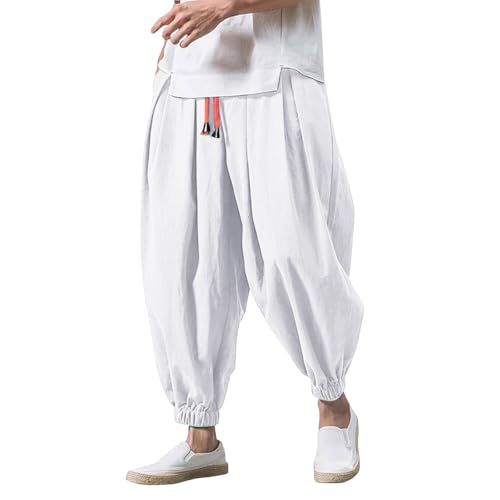 Haremshose Herren Leinenhose Sommer Lang Japanische Hose Yogahose Männer Leichte Freizeithose Sommerhose mit Taschen Leinen Jogginghose (Weiß,S) von Sobzia