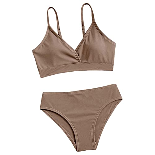 Bikini Mädchen Set, Bikini Teenager Mädchen Zweiteilige Teenager Rüschen Badebekleidung Badeanzug Gerüschte Strand Bademode Bikinislip Sommer Kinder Schwimmanzug Tankini (Braun,170) von Sobzia