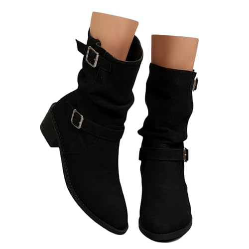 Boots Damen,Stiefeletten Damen Wildleder Trachten mit Schnalle Cowboystiefel Ankle Boots mit Absatz Herbst Westernstiefel Stiefel Leicht Elegant Halbstiefel Schlupfschuhe (Schwarz,38) von Sobzia