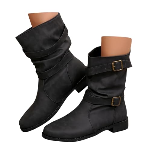 Boots Damen,Stiefeletten Damen Wildleder Trachten mit Schnalle Cowboystiefel Ankle Boots mit Absatz Herbst Westernstiefel Stiefel Leicht Elegant Halbstiefel Schlupfschuhe (Schwarz,40) von Sobzia