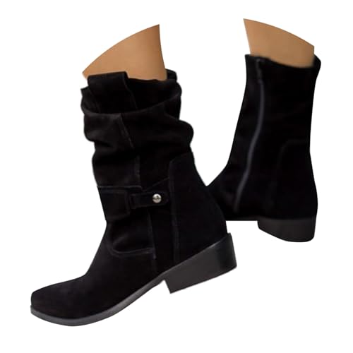 Boots Damen,Stiefeletten Damen Wildleder Trachten mit Schnalle Cowboystiefel Ankle Boots mit Absatz Herbst Westernstiefel Stiefel Leicht Elegant Halbstiefel Schlupfschuhe (Schwarz,41) von Sobzia