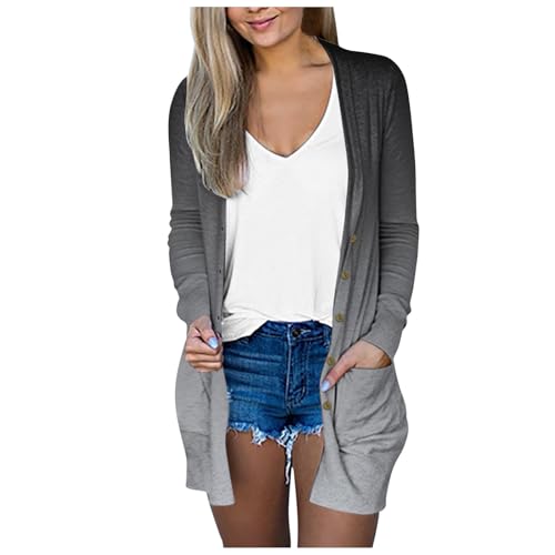 Cardigan Damen,Leichte Strickjacke Damen Sommer Lang Sommerjacke mit Taschen Dünne Cardigan Elegant Casual Strickjacken (Grau,XXL) von Sobzia