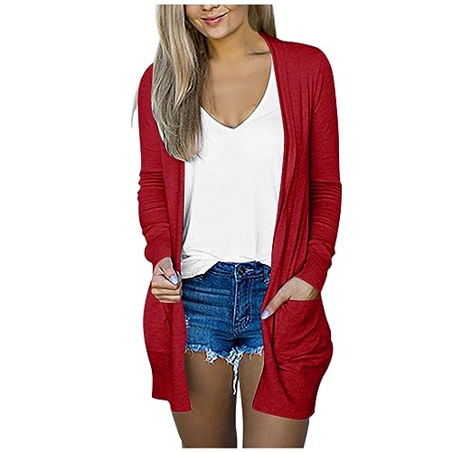 Cardigan Damen Sommer,Leichte Strickjacke Damen Sommer Lang Sommerjacke mit Taschen Dünne Cardigan Elegant Casual Strickjacken (Rot,XXL) von Sobzia