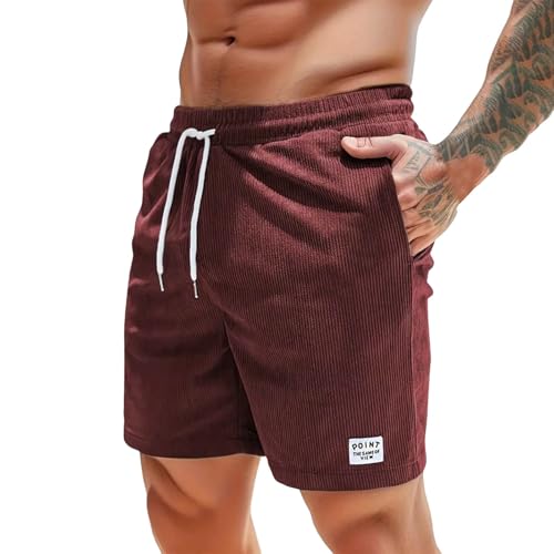 Cord Shorts Herren Chino Sommer Cordhose Freizeitshorts mit Taschen Baumwolle Kurze Hose Sweatshorts Stretch Kordelzug Jogginghose (Rot,S) von Sobzia