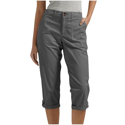 Fahrradhose Damen,Caprihose Damen Sommer Sport Dreiviertel mit Taschen Laufhose Cargohose Atmungsaktiv Outdoor Sporthose Wanderhose Leicht Bequem Stretch Sommerhose Trekkinghose (Grau,S) von Sobzia