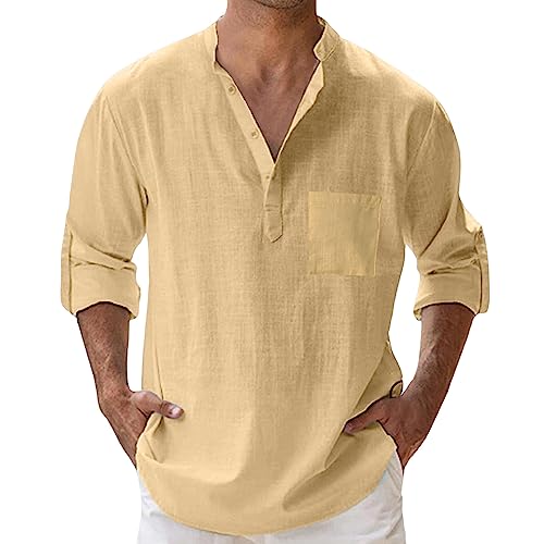 Freizeithemd Herren,Leinenhemd Herren Langarm Sommer Ohne Kragen Freizeithemd Strandhemd Leinen Slim Fit Fischerhemd Sommerhemd Bowling Button-Down Hemd Henley Shirt (Khaki,XL) von Sobzia