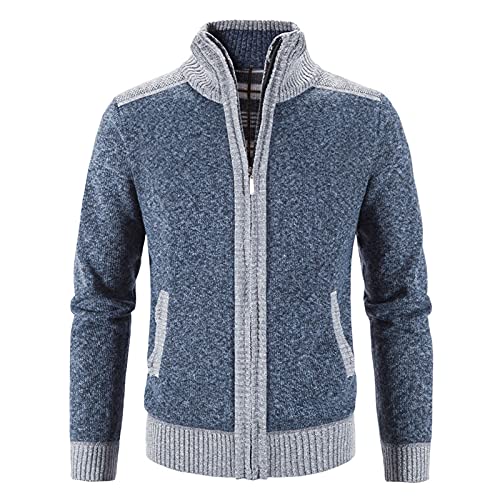 Herren Strickjacke mit Reissverschluss Langarm Baumwolle Cardigan Trachtenjacke Fleece Wolle Strickjacke Fleecejacke Strick Reissverschluß Pullover Sweatshirt (Blau,XL) von Sobzia