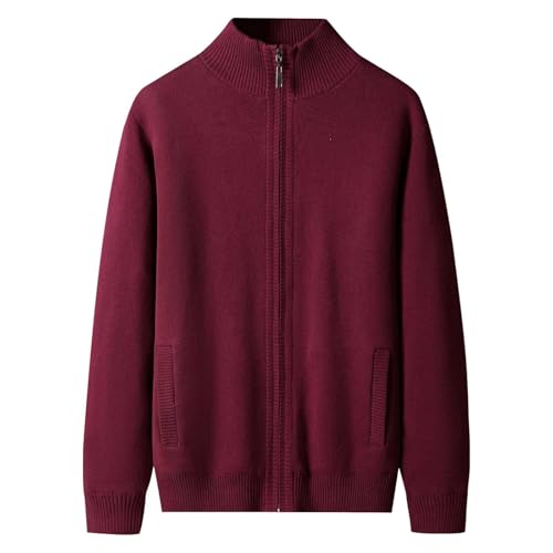 Herren Strickjacke mit Reissverschluss Langarm Warme Fleecejacke Strickjacke Strick Reissverschluß Cardigan Trachtenjacke Baumwolle Wolle Sweatshirt Pullover (Weinrot,3XL) von Sobzia