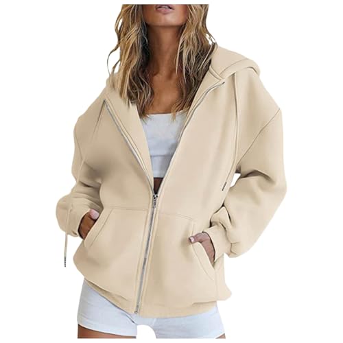 Hoodie Damen,Sweatjacke Damen mit Kapuze Kapuzenjacke Oversize Reißverschluss Kapuzenpullover Sweatshirt Jacke Herbst Winter Leichte Sportjacke Hoodie Lang Langarm Übergangsjacke (Beige,XXL) von Sobzia