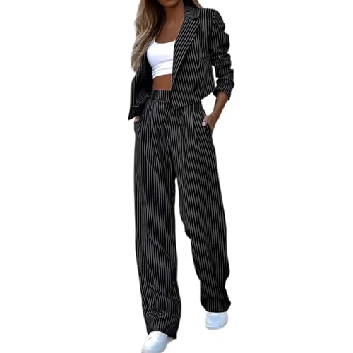 Hosenanz��Ge F��R Damen,Hosenanzug Damen Festlich Elegant Hochzeit Sommer Anzug 2 Teilig Gestreifte Business Zweiteiler Outfit Hosenanzüge Set (Schwarz,XXL) von Sobzia