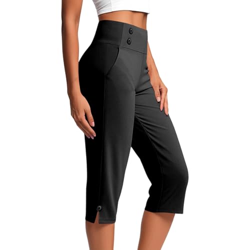 Sobzia Caprihose Damen Sommer,Jogginghose Damen,Yogahose Elegant Dreiviertel Laufhose Sommerhose mit Taschen Leicht Sporthose Wanderhose Outdoor Bequem Jogginghose 3/4 Hose (Schwarz,L) von Sobzia