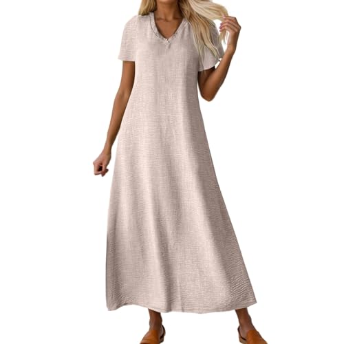 Kleid Damen Sommer,Leinenkleid Damen Sommer - Lang Luftig Sommerkleid Musselin Kleid V-Ausschnitt Leicht Musselinkleid Strandkleid Locker Kurzärmliges Kleider (Beige,XXL) von Sobzia