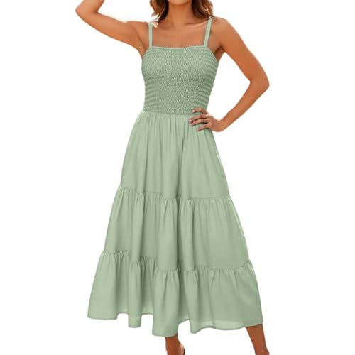 Kleider,Sommerkleid Damen Lang Elegant Sommer Strandkleid Tunikakleid Ärmellos Hohe Taille Maxikleid Freizeitkleid Spaghettiträger Leicht und Luftig Kleid (Grün,S) von Sobzia