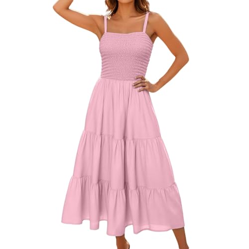 Kleider,Sommerkleid Damen Lang Elegant Sommer Strandkleid Tunikakleid Ärmellos Hohe Taille Maxikleid Freizeitkleid Spaghettiträger Leicht und Luftig Kleid (Rosa,S) von Sobzia