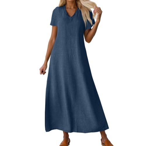 Kleider Damen Sommer,Leinenkleid Damen Sommer - Lang Luftig Sommerkleid Musselin Kleid V-Ausschnitt Leicht Musselinkleid Strandkleid Locker Kurzärmliges Kleider (Blau,S) von Sobzia