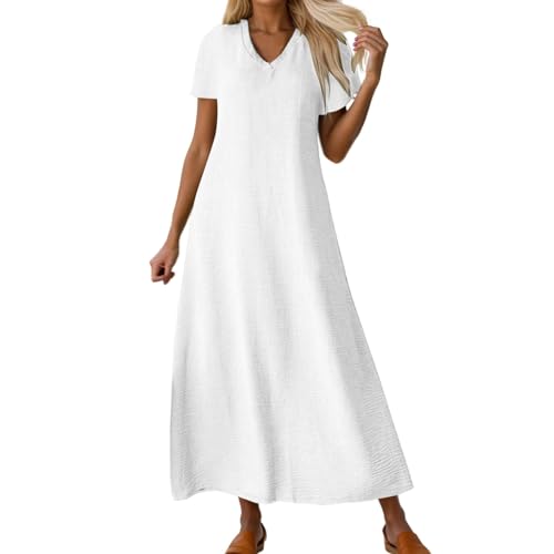 Kleider Damen Sommer,Leinenkleid Damen Sommer - Lang Luftig Sommerkleid Musselin Kleid V-Ausschnitt Leicht Musselinkleid Strandkleid Locker Kurzärmliges Kleider (Weiß,L) von Sobzia