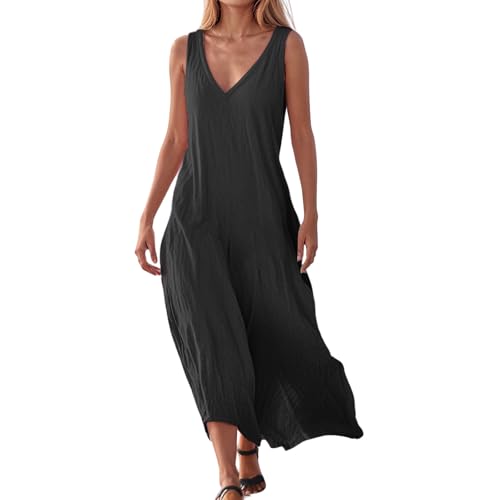 Kleider Damen Sommer,Musselin Kleid Damen - Sommer Locker Leicht Leinenkleid Sommerkleid Luftig Lang Strandkleid Musselinkleid V-Ausschnitt Ärmellos Kleid (Schwarz,L) von Sobzia