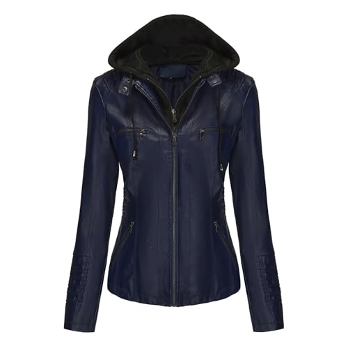 Lederjacke Damen Kunstleder Jacke Herbst Kapuze Motorrad Jacke Bikerjacke Reißverschluss Schlank Kunstlederjacke Langarm Kurz Streetwear Blau L von Sobzia