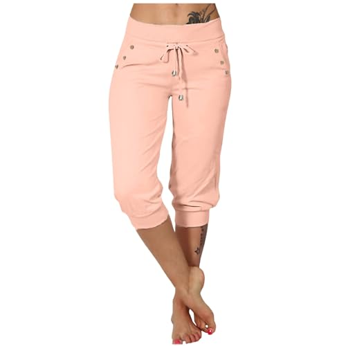Leichte Sommerhose Damen,3/4 Hose Damen Caprihose Sommer Elegant Outdoor Sporthose Laufhose Leicht Dreiviertel Sommerhose Jogginghose mit Taschen Bequem Capri Hose Yoga Hose (Rosa,M) von Sobzia