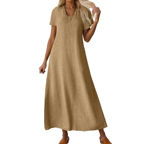 Leinenkleid Damen Sommer,Leinenkleid Damen Sommer - Lang Luftig Sommerkleid Musselin Kleid V-Ausschnitt Leicht Musselinkleid Strandkleid Locker Kurzärmliges Kleider (Braun,L) von Sobzia