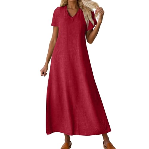 Leinenkleid Damen Sommer,Leinenkleid Damen Sommer - Lang Luftig Sommerkleid Musselin Kleid V-Ausschnitt Leicht Musselinkleid Strandkleid Locker Kurzärmliges Kleider (Rot,XL) von Sobzia
