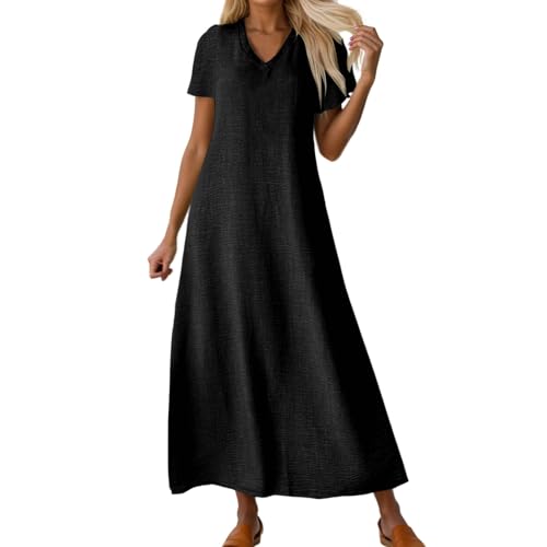 Leinenkleid Damen Sommer,Leinenkleid Damen Sommer - Lang Luftig Sommerkleid Musselin Kleid V-Ausschnitt Leicht Musselinkleid Strandkleid Locker Kurzärmliges Kleider (Schwarz,L) von Sobzia
