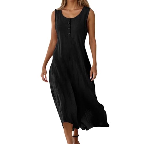 Leinenkleid Damen Sommer,Musselin Kleid Damen - Sommer Locker Leicht Leinenkleid Sommerkleid Luftig Lang Strandkleid Musselinkleid V-Ausschnitt Ärmellos Kleid (Schwarz,L) von Sobzia
