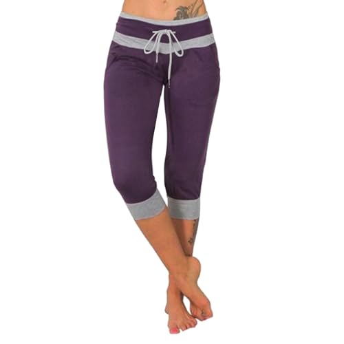 3/4 Hose Damen Caprihose Sommer Elegant Outdoor Sporthose Laufhose Leicht Dreiviertel Sommerhose Jogginghose mit Taschen Bequem Capri Hose Yoga Hose (Lila,3XL) von Sobzia