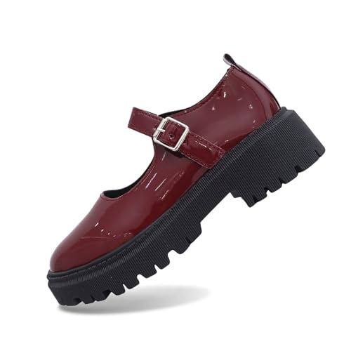 Loafer Damen Blau, Chunky Loafers Damen Mary Jane Schuhe Platform Frauen Loafer Lackschuhe Plateau Vintage Plateauschuhe Halbschuhe Mädchen Lolita (Rot,40) von Sobzia