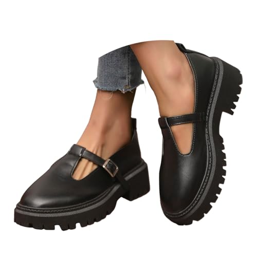 Mary Jane Halbschuhe Für Damen, Chunky Loafers Damen Mary Jane Schuhe Vintage Frauen Plateauschuhe Loafer Platform Lolita Lackschuhe Halbschuhe Mädchen Plateau (Schwarz,42) von Sobzia