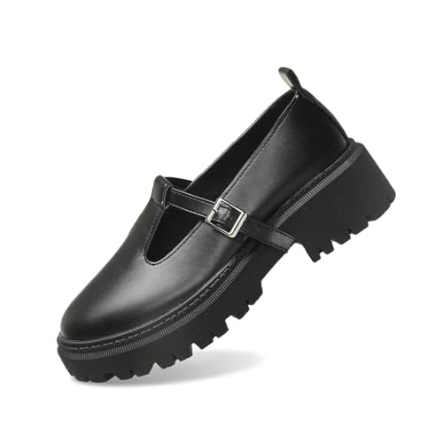 Mary Janes Schuhe Damen, Chunky Loafers Damen Mary Jane Schuhe Vintage Platform Halbschuhe Lackschuhe Plateau Lolita Loafer Plateauschuhe Mädchen Frauen (Schwarz,40) von Sobzia
