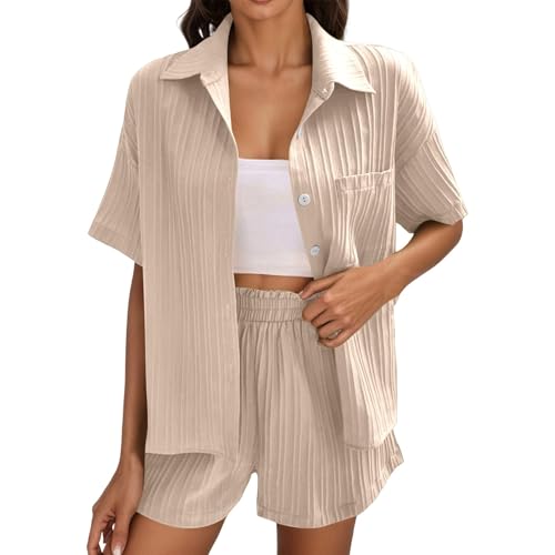 Musselin Hose Damen,Zweiteiler Damen Sommer Outfits Leicht und Luftig Set Elegant Musselin Bluse und Shorts Langarm 2 Teiler Freizeitanzug (Khaki,XXL) von Sobzia