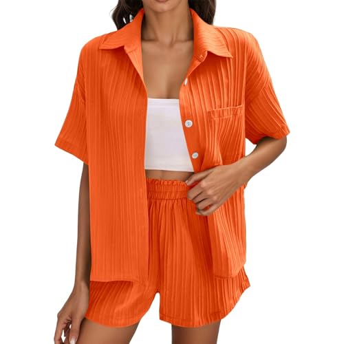 Musselin Hose Damen,Zweiteiler Damen Sommer Outfits Leicht und Luftig Set Elegant Musselin Bluse und Shorts Langarm 2 Teiler Freizeitanzug (Orange,XXL) von Sobzia