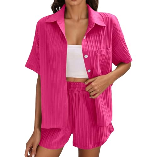 Musselin Hose Damen,Zweiteiler Damen Sommer Outfits Leicht und Luftig Set Elegant Musselin Bluse und Shorts Langarm 2 Teiler Freizeitanzug (Rosa,XXL) von Sobzia