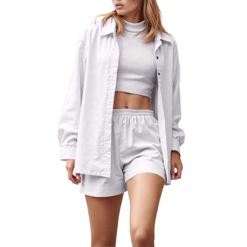 Musselin Hose Damen,Zweiteiler Damen Sommer Outfits Leicht und Luftig Set Elegant Musselin Bluse und Shorts Langarm 2 Teiler Freizeitanzug (Weiß,XXL) von Sobzia