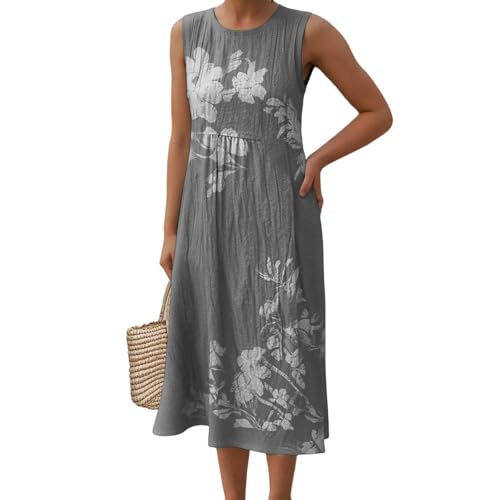 Musselin Kleid Damen,Musselin Kleid Damen - Sommer Lang Leicht Leinenkleid Sommerkleid Luftig Ärmellos Musselinkleid Strandkleid Blumendruck Vintage Hemdblusenkleid Boho Kleid (Schwarz,L) von Sobzia